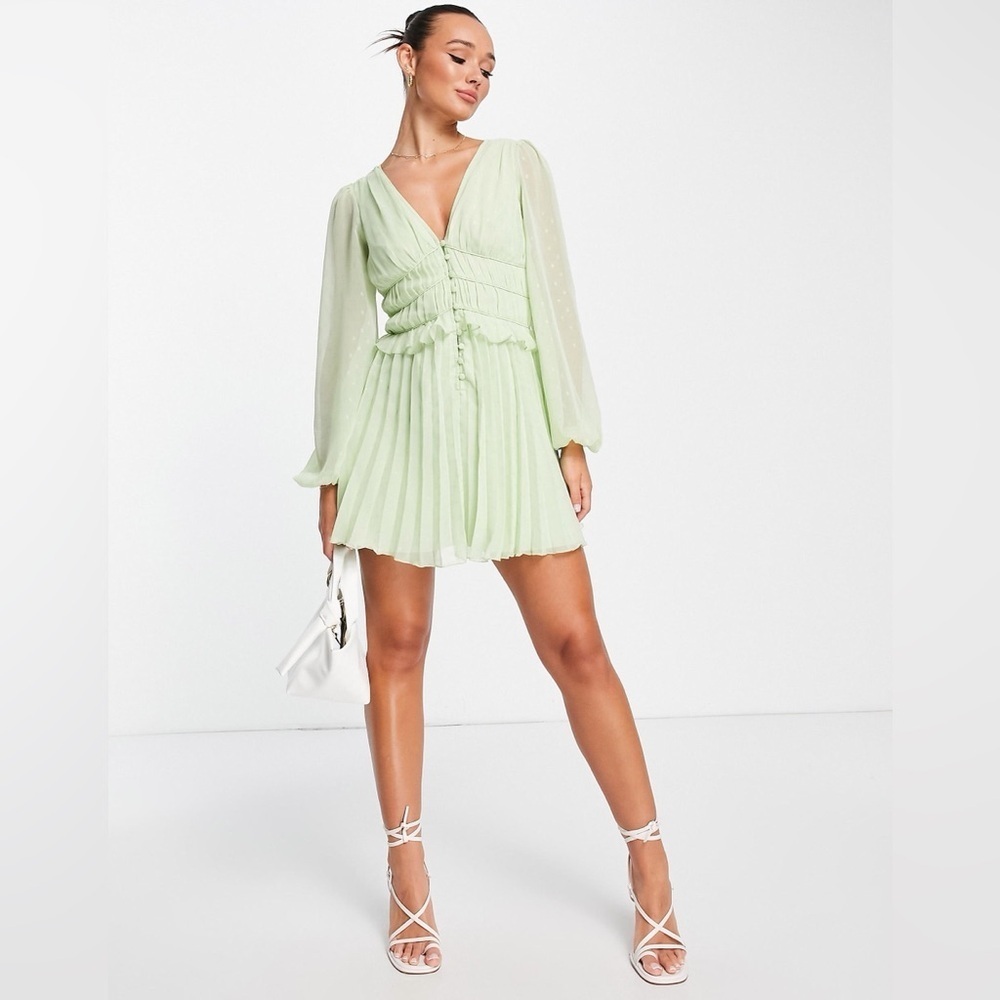 ASOS Sage Green Dobby Pleated Mini Dress Fairycore Forest Pixie Vibe NWT Size 4 - Picture 3 of 14
